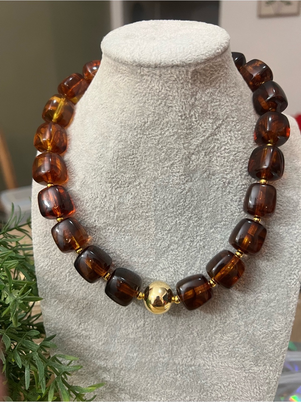 Amber Bead Necklace with Gold Accent